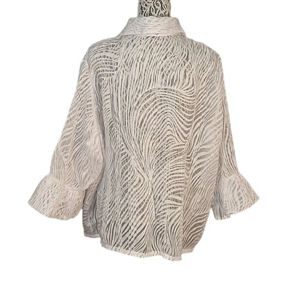 Sheer White Button-Down Blouse With Textured Abstract Pattern 3/4 Ruffled Sleeve - Picture 6 of 7